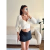 Ön Büzgülü Balon Kol Crop - BEYAZ