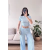 Yan Büzgü Pantolon Takım - BEBE MAVİSİ