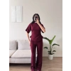 Peplum Kesim Üst Bol Paça Pantolon İkili Takım - BORDO