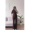 Peplum Kesim Üst Bol Paça Pantolon İkili Takım - KAHVE