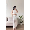 Dantel Crop Üst Transparan Uzun Etek Takım - BEYAZ