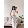 Dantel Crop Üst Transparan Uzun Etek Takım - BEYAZ
