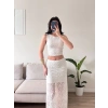 Dantel Crop Üst Transparan Uzun Etek Takım - BEYAZ
