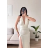 Halter Yaka Sırt Bağlamalı Yırtmaçlı Maxi Elbise - BEYAZ