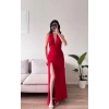 Halter Yaka Sırt Bağlamalı Yırtmaçlı Maxi Elbise - KIRMIZI