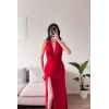 Halter Yaka Sırt Bağlamalı Yırtmaçlı Maxi Elbise - KIRMIZI