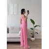 Tek Omuz Crop & Pantolon Takım - PEMBE