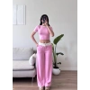 Biyeli Crop & Pantolon Takım - PEMBE