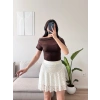 Kayık Yaka Tül Detay Crop - KAHVE