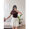 Kayık Yaka Tül Detay Crop - KAHVE