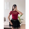 Kayık Yaka Tül Detay Crop - BORDO