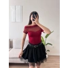 Kayık Yaka Tül Detay Crop - BORDO