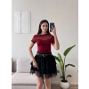 Kayık Yaka Tül Detay Crop - BORDO