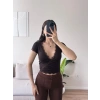 Bel Bağlamalı V Yaka Dantel Crop - KAHVE