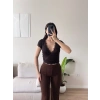 Bel Bağlamalı V Yaka Dantel Crop - KAHVE