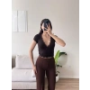 Bel Bağlamalı V Yaka Dantel Crop - KAHVE