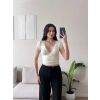 Bel Bağlamalı V Yaka Dantel Crop - BEYAZ