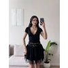 Bel Bağlamalı V Yaka Dantel Crop - SİYAH