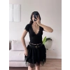 Bel Bağlamalı V Yaka Dantel Crop - SİYAH