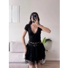 Bel Bağlamalı V Yaka Dantel Crop - SİYAH