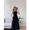 Askılı Ters Dikiş Keten Elbise - SİYAH
