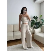 Aksesuar Biyeli Crop & Pantolon Takım - BEJ