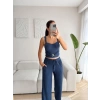 Aksesuar Biyeli Crop & Pantolon Takım - LACİVERT