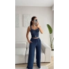 Aksesuar Biyeli Crop & Pantolon Takım - LACİVERT