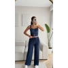 Aksesuar Biyeli Crop & Pantolon Takım - LACİVERT