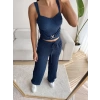 Aksesuar Biyeli Crop & Pantolon Takım - LACİVERT