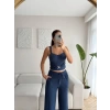 Aksesuar Biyeli Crop & Pantolon Takım - LACİVERT