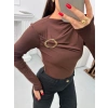 Aksesuarlı Kayık Yaka Bluz - KAHVE