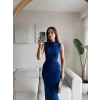Arka Yırtmaç Drapeli Elbise - SAKS MAVİSİ
