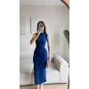 Arka Yırtmaç Drapeli Elbise - SAKS MAVİSİ