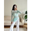 Asimetrik Dantel Bluz - MAVİ
