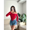Asimetrik Tek Omuz Biyeli Crop - KIRMIZI