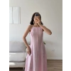 Askılı Ters Dikiş Keten Elbise - PEMBE