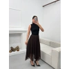 Astarlı Pileli Şifon Etek - KAHVE