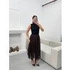 Astarlı Pileli Şifon Etek - KAHVE