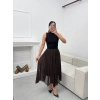Astarlı Pileli Şifon Etek - KAHVE