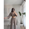 Bağlamalı Crop & Pantolon Takım - VİZON