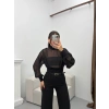 Balıkçı Yaka Şifon Bodysuit - SİYAH