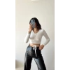 Bel Bağlamalı V Yaka Crop Bluz-BEYAZ