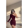 Bel Dekolte Tek Kol Simli Elbise - BORDO