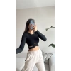 Bel Detay Crop Bluz-SİYAH