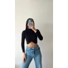 Bisiklet Yaka Sandy Crop Bluz-SİYAH