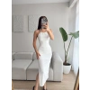 Boyun Aksesuar Yırtmaçlı Elbise - BEYAZ