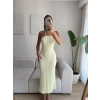 Boyun Askılı Arka Yırtmaç Elbise - SARI