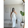 Boyun Bağlamalı Astarlı Elbise - BEYAZ