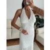 Boyun Bağlamalı Dantel Elbise - BEYAZ